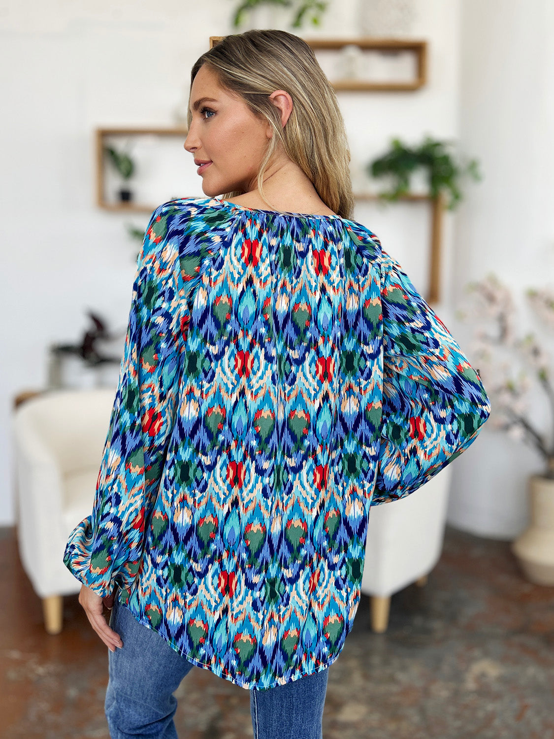 Double Take Full Size Printed Balloon Sleeve Blouse Choose Blue or Green