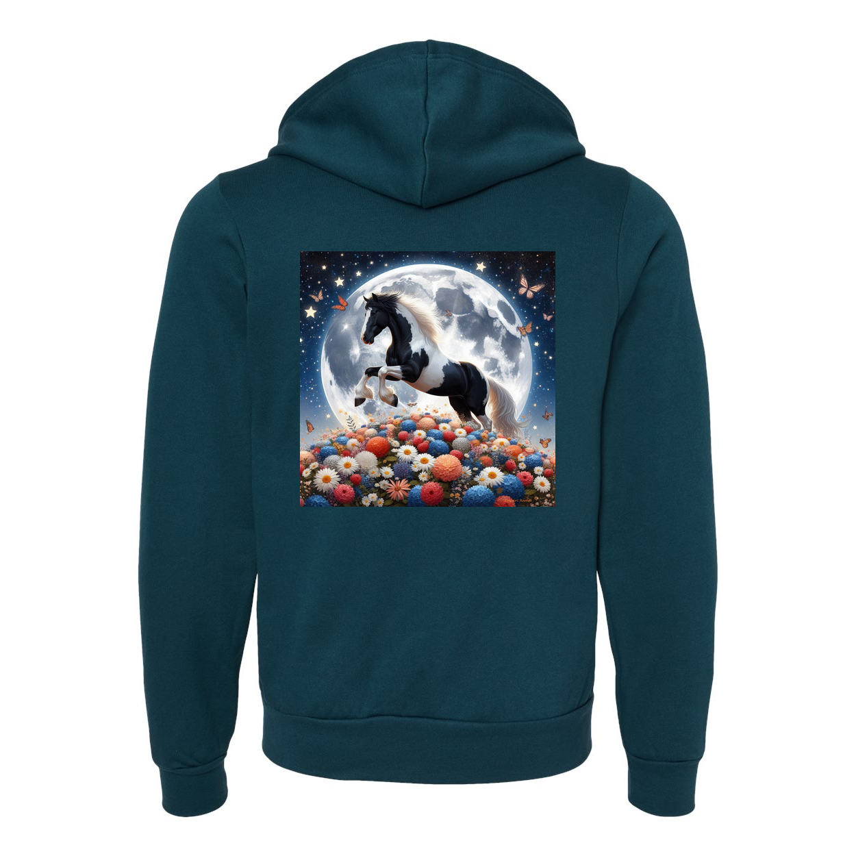 Spring Moon Horse Zip-Up Front Pocket Hooded Sweatshirts