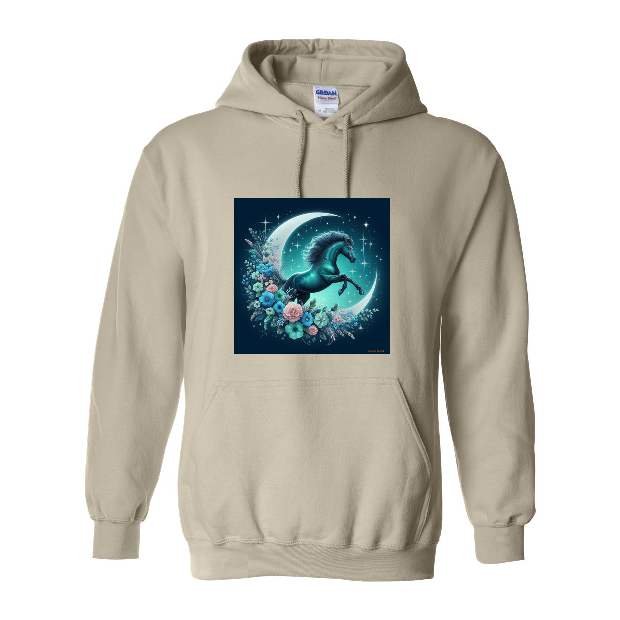 Moon Flowers Turquoise Horse Pull Over Front Pocket Hoodies