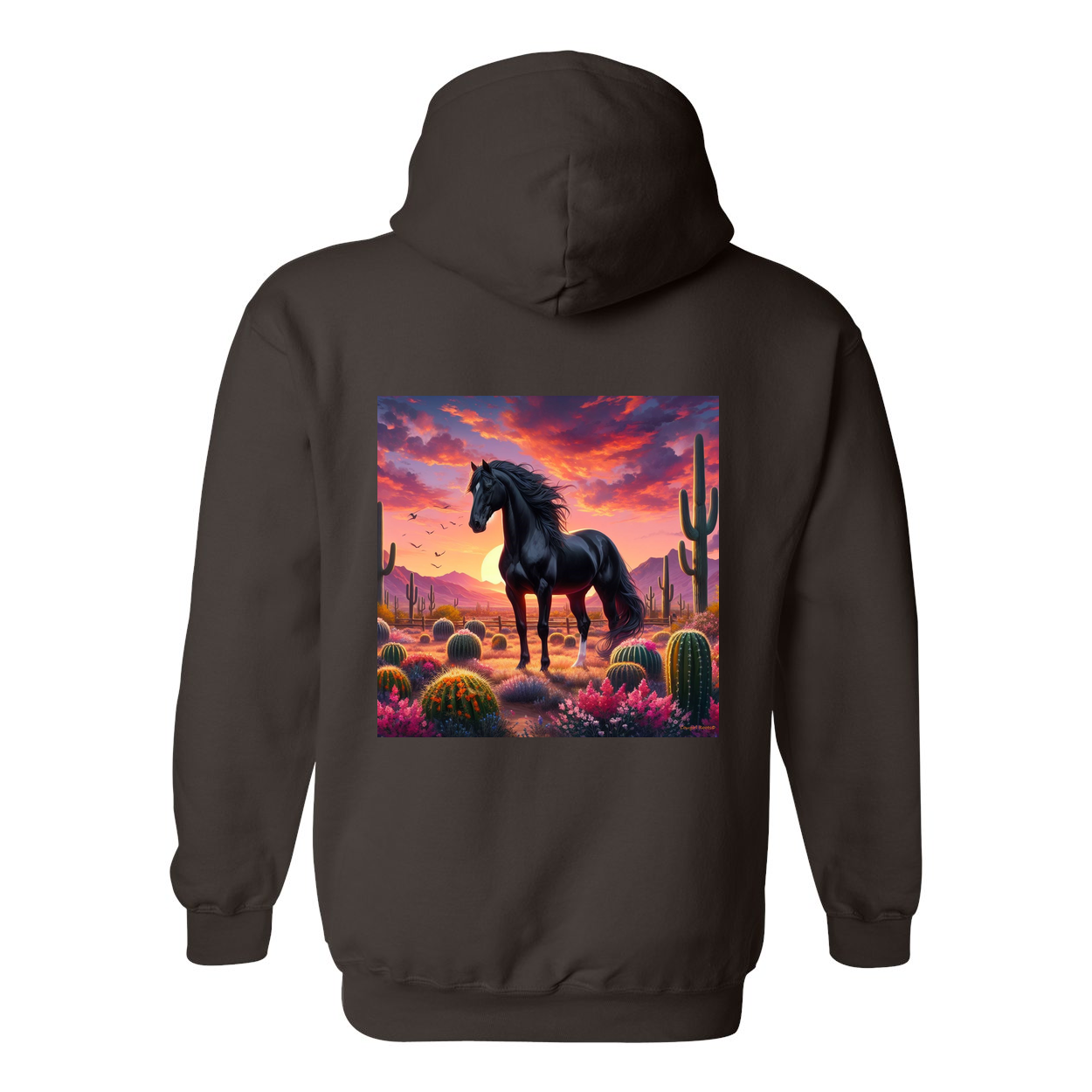 Black Stallion Desert Sunset Design on Back Front Pocket Hoodies