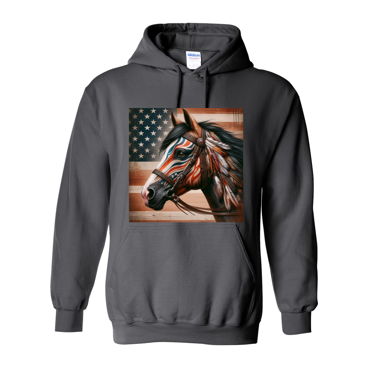 Freedom Horse American Flag Hoodie Pull Over Front Pocket Hoodies