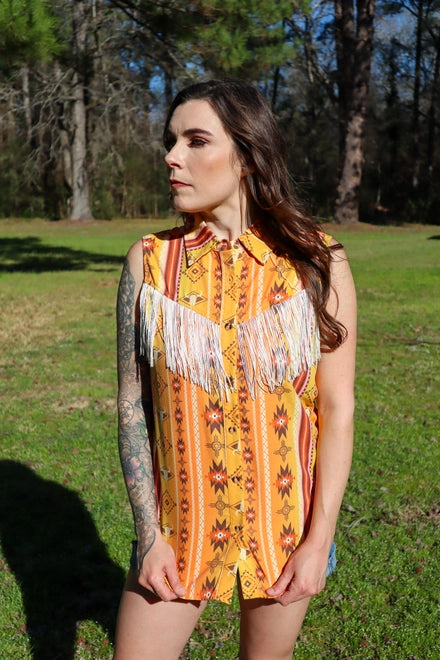 Sunset Orange Aztec Steer Head Cowboy Girl Fringe Yoke Sleeveless Top