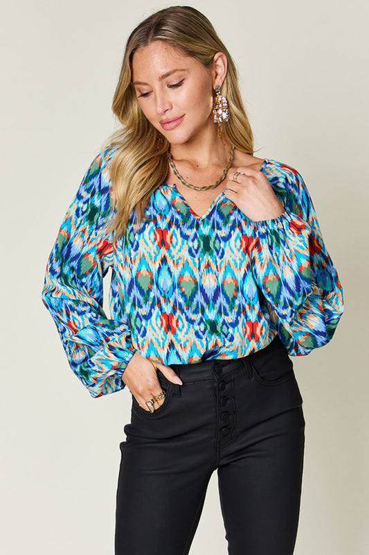 Double Take Full Size Printed Balloon Sleeve Blouse Choose Blue or Green