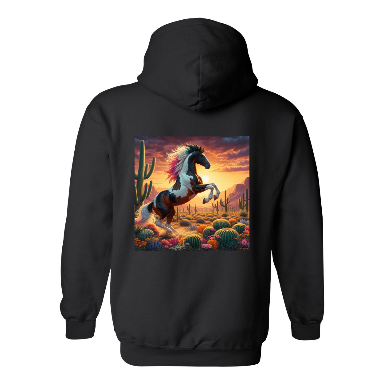 Painted Desert Horse Design on Back Front Pocket Hoodies