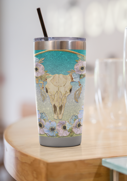 Cowgirl Roots™ Tumbler 20oz Bohemian Longhorn, Stainless Steel Insulated Hot and Cold Mug