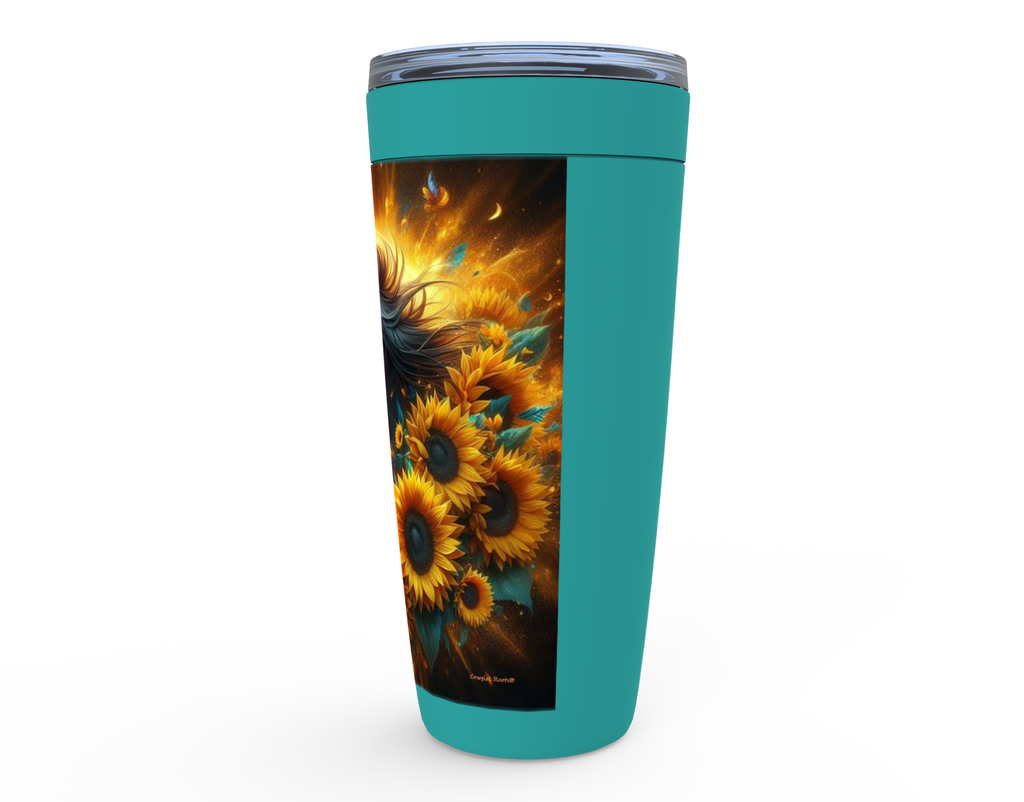 Cowgirl Roots™ Black Stallion in Blazing Sunflowers Tumbler 20oz Stainless Steel Insulated Hot and Cold Travel Mugs