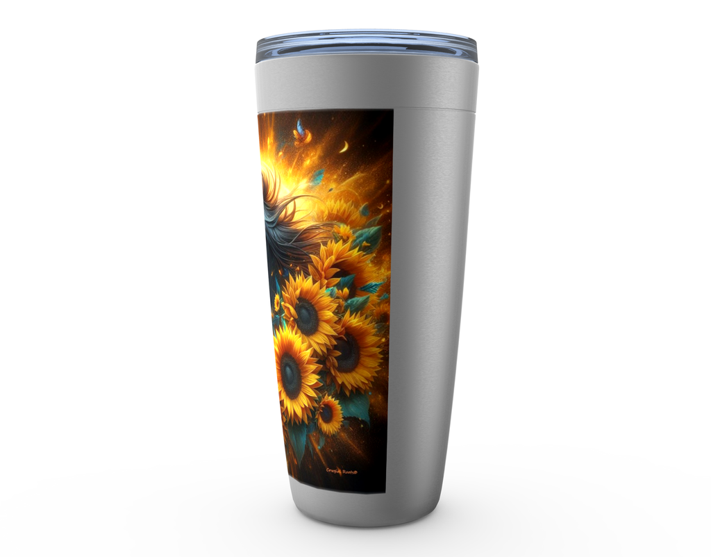 Cowgirl Roots™ Black Stallion in Blazing Sunflowers Tumbler 20oz Stainless Steel Insulated Hot and Cold Travel Mugs