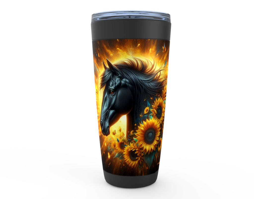 Cowgirl Roots™ Black Stallion in Blazing Sunflowers Tumbler 20oz Stainless Steel Insulated Hot and Cold Travel Mugs