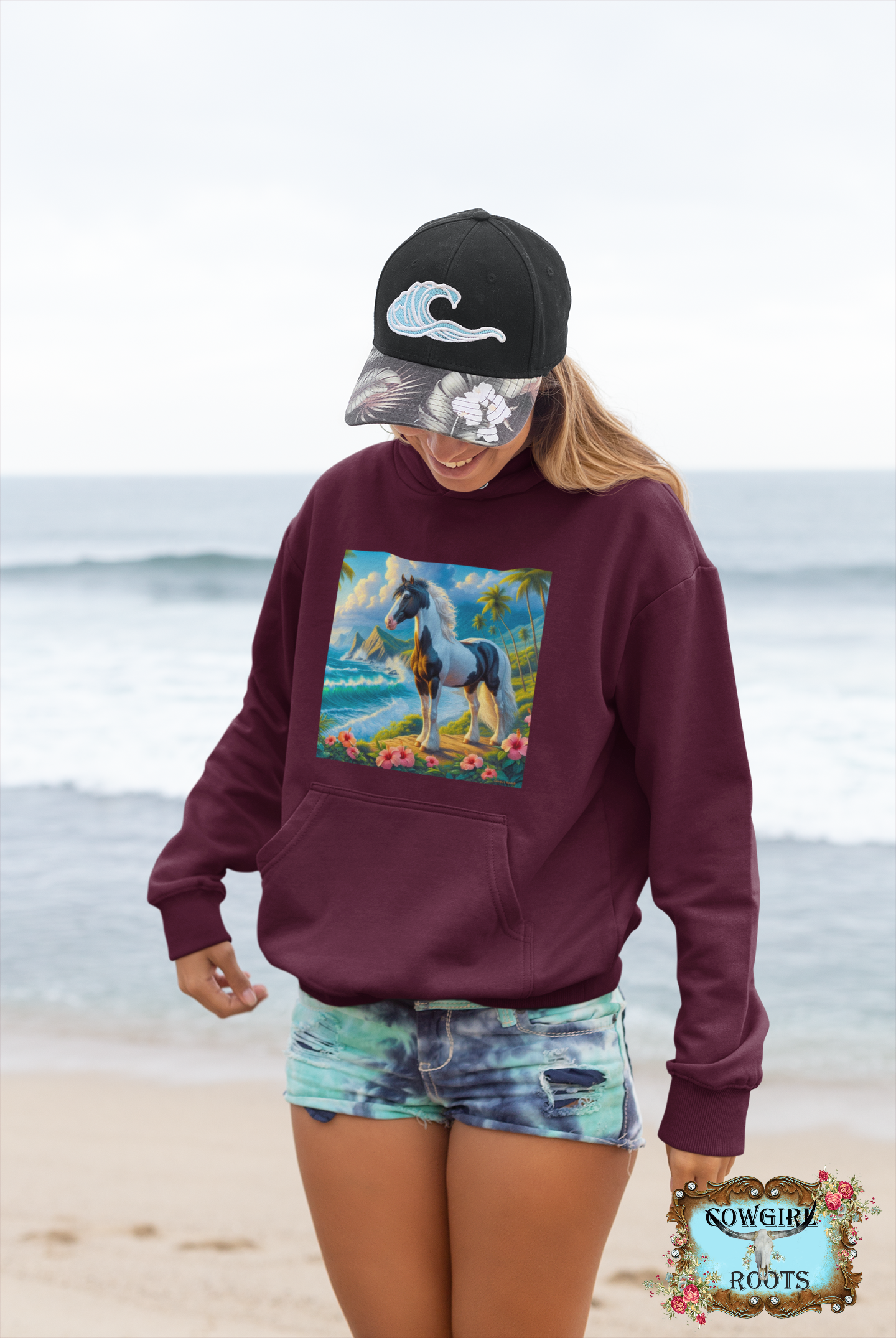Tropical Black and White Paint Horse Pull over Front Pocket Hoodies