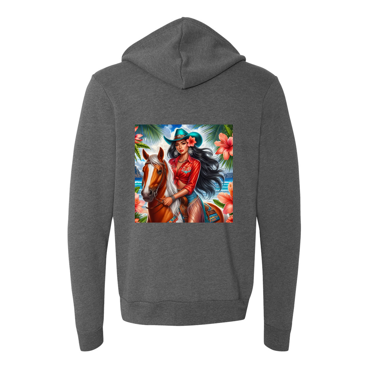 Hawaiian Cowgirl on Horse Zip-Up Front Pocket Hooded Sweatshirts