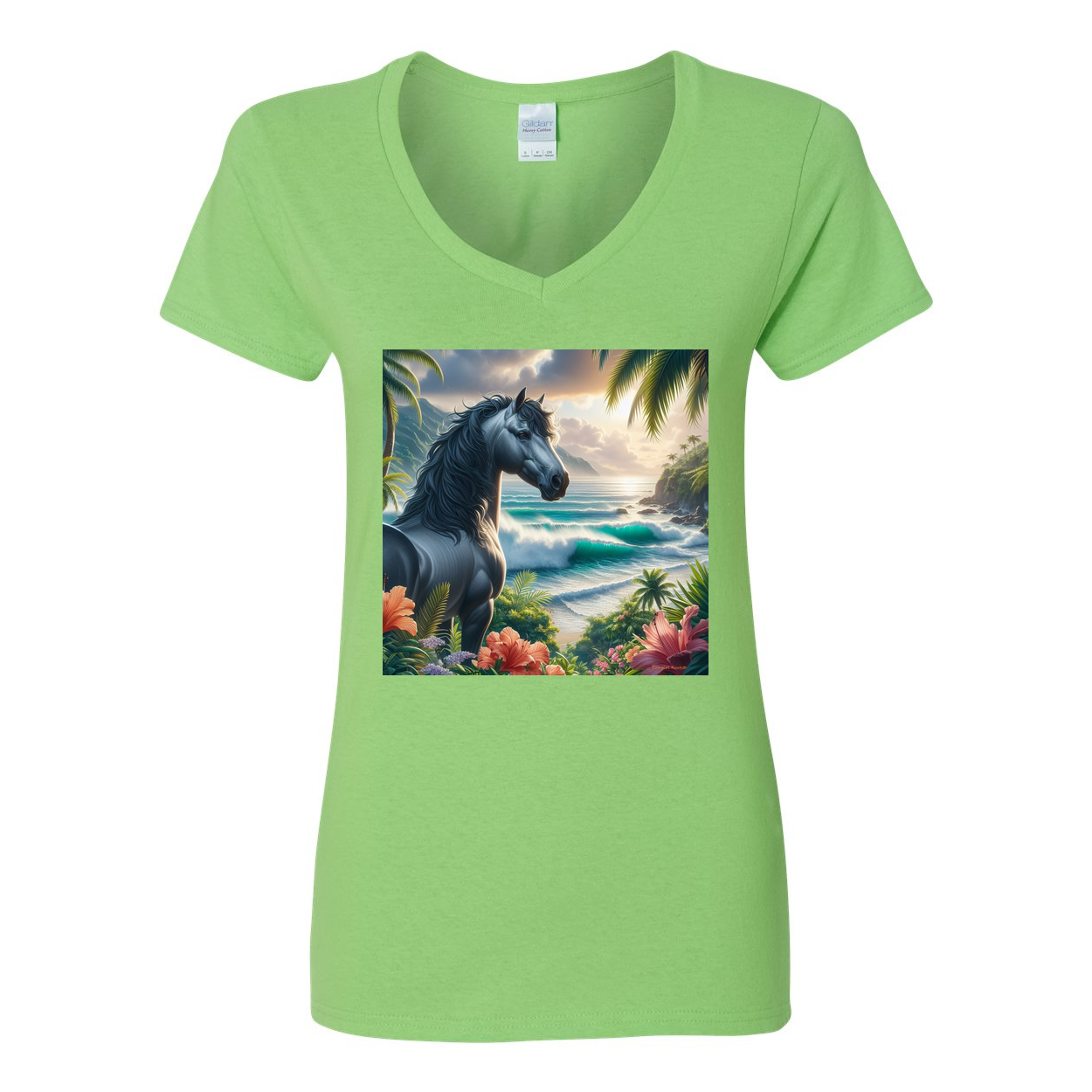 Tropical Grey Stallion Horse V Neck T Shirt