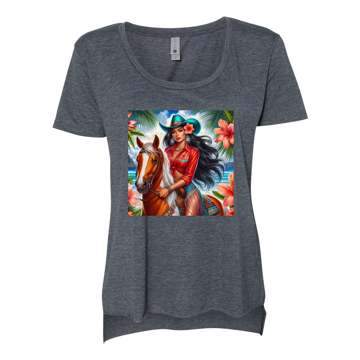 Hawaiian Cowgirl on Horse Scoop Neck T Shirt