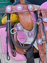 Load image into Gallery viewer, 10&quot; TO 18&quot; Seat Available The Megan, Pink Suede Seat (Choose Seat Color)Pink Accents Tooled Plumeria Floral Design FQ / SQ Bars, Includes Bridle Set

