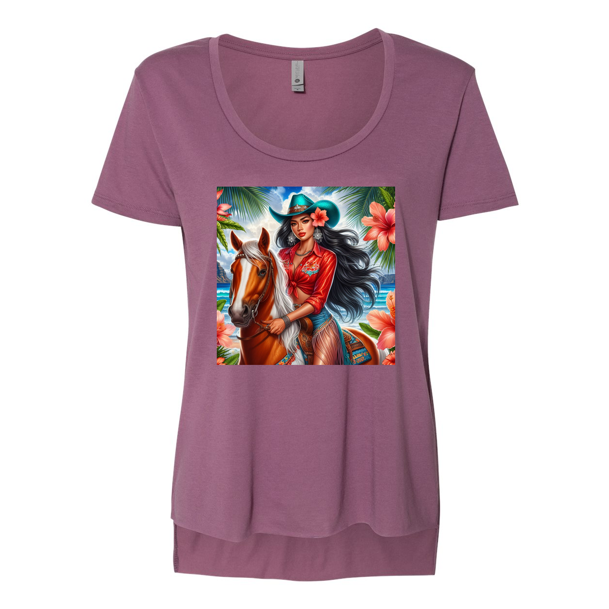 Hawaiian Cowgirl on Horse Scoop Neck T Shirt