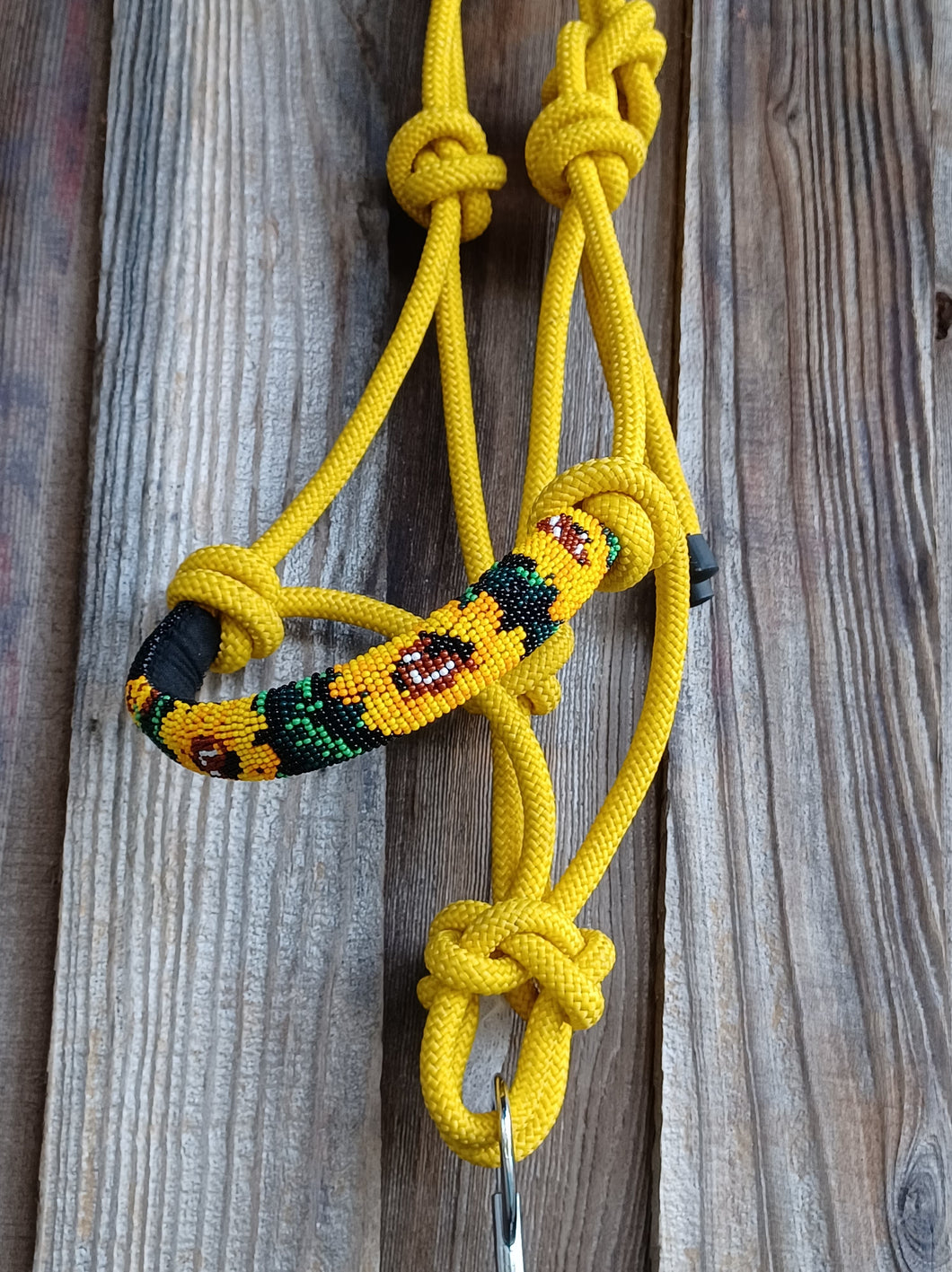 Helios Anthos Bold Sunflower Hand Beaded Rope Halter in Yellow with Black Lead Rope For Horse and Pony