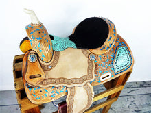 Load image into Gallery viewer, 10&quot; to 18&quot; Turquoise Filigree, Tooling, Painted, Crystal Accents and Black Suede Seat Barrel Racing / Trail All Around Saddle, Bridle Set Included
