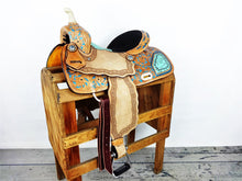 Load image into Gallery viewer, 10&quot; to 18&quot; Turquoise Filigree, Tooling, Painted, Crystal Accents and Black Suede Seat Barrel Racing / Trail All Around Saddle, Bridle Set Included
