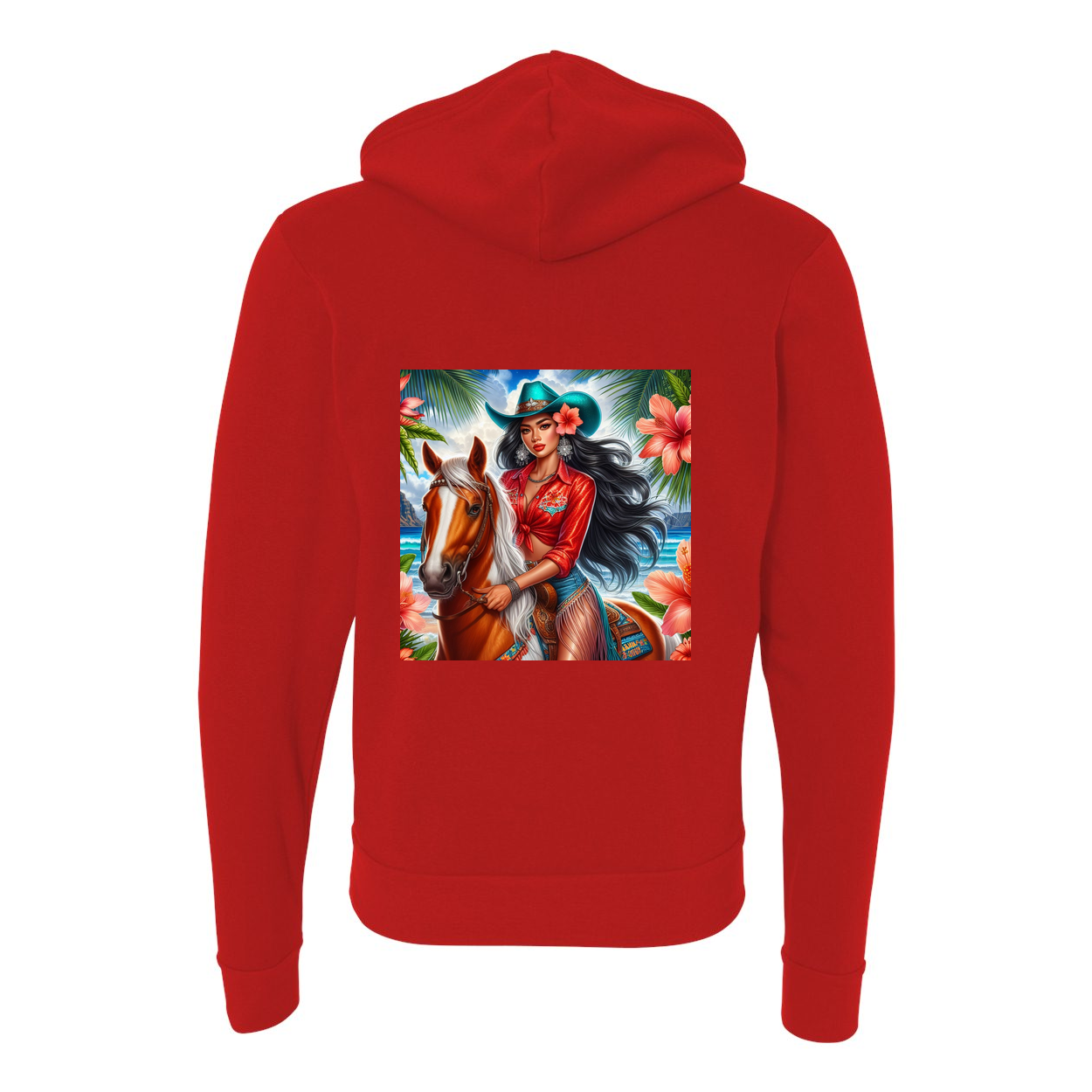 Hawaiian Cowgirl on Horse Zip-Up Front Pocket Hooded Sweatshirts