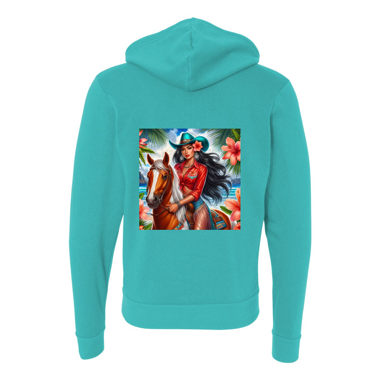 Hawaiian Cowgirl on Horse Zip-Up Front Pocket Hooded Sweatshirts