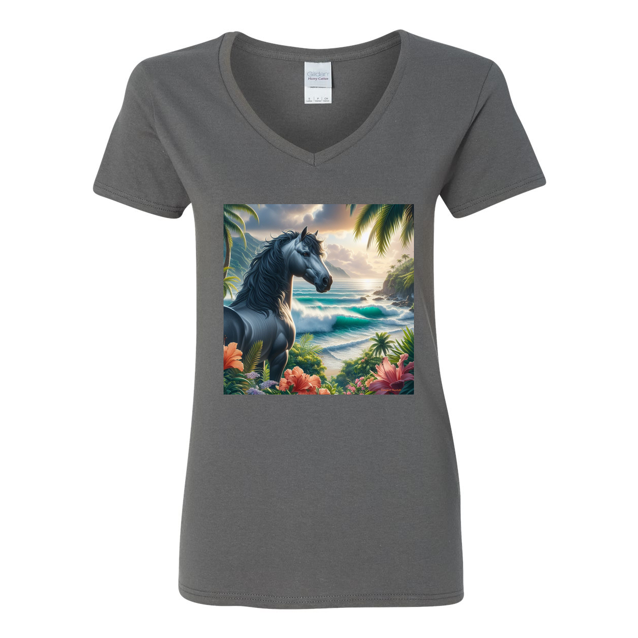 Tropical Grey Stallion Horse V Neck T Shirt