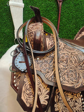 Load image into Gallery viewer, 10&quot; TO 18&quot; Seat Western Floral Tooled Barrel Racing All Around Trail Saddle FQ / SQ Bars, Bridle Set Included
