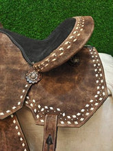 Load image into Gallery viewer, 10&quot; to 18&quot; Roughout Brown Suede Seat White Buck-Stitch Barrel Racing / Trail All Around Saddle, Bridle Set Included
