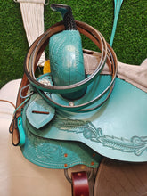Load image into Gallery viewer, 10&quot; to  18&quot; FQ and SQ Bars Teal Feather Saddle with Grey Seat and Fenders
