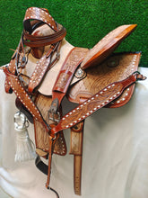 Load image into Gallery viewer, 10&quot; to 18&quot; FQ SQ Bars, Tribal Feather Basket Weave Tooled, Barrel Racing All Around Trail Saddles, Bridle set and Back Cinch Included
