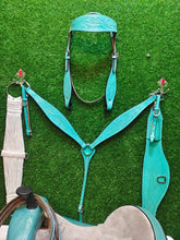 Load image into Gallery viewer, 12&quot; to 18&quot; Seat, FQ / SQ Bars Turquoise Leather Feather Tooled Grey Seat and Fenders, Barrel Racer Trail Saddle Matching Bridle Set Wither strap and Back Cinch
