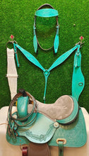 Load image into Gallery viewer, 12&quot; to 18&quot; Seat, FQ / SQ Bars Turquoise Leather Feather Tooled Grey Seat and Fenders, Barrel Racer Trail Saddle Matching Bridle Set Wither strap and Back Cinch
