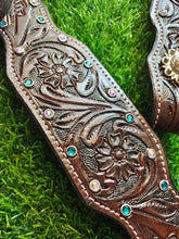 Load image into Gallery viewer, 10&quot; to 18&quot; Seat Turquoise Croc and Black Suede Seat Roughout Barrel Racing / Trail All Around Saddle, Bridle Set Included
