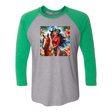 Load image into Gallery viewer, Hawaiian Cowgirl on Horse 3 4 Sleeve Raglan T Shirts
