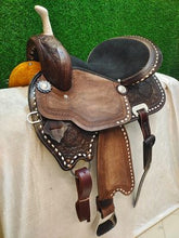 Load image into Gallery viewer, 10&quot; to 18&quot;, FQ/ SQ Bars, Dark Rough Out and Tooled, White Buck-Stitch Barrel Racing / Trail Saddle, Includes Bridle set
