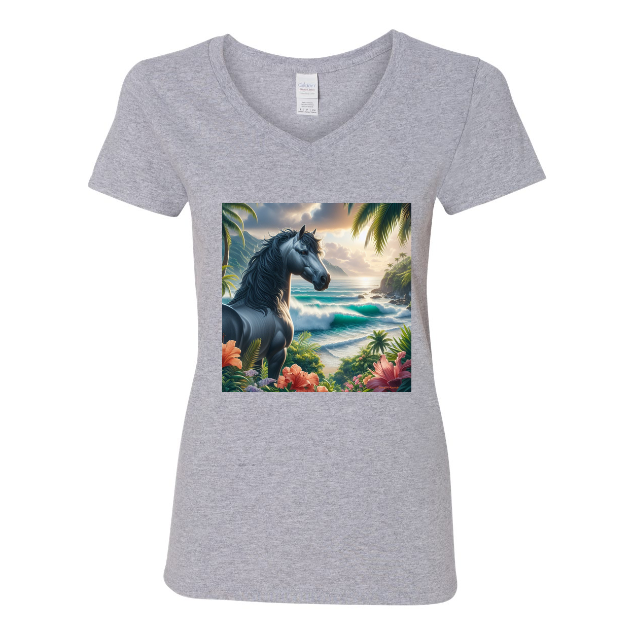 Tropical Grey Stallion Horse V Neck T Shirt