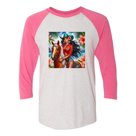 Hawaiian Cowgirl on Horse 3 4 Sleeve Raglan T Shirts