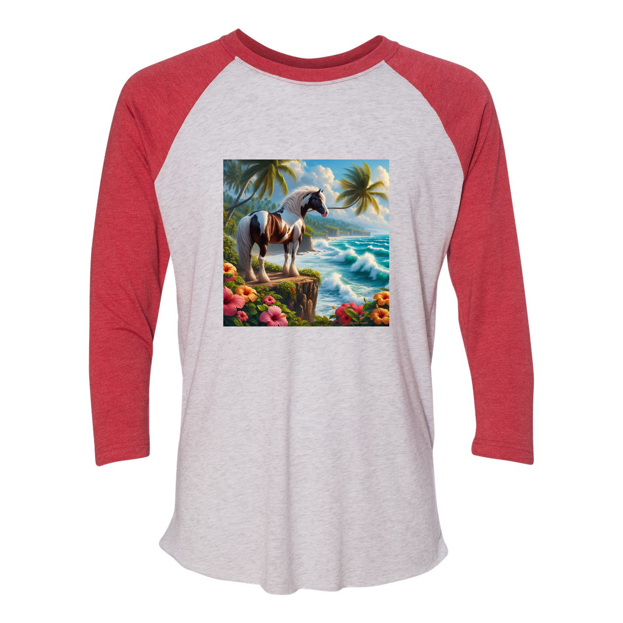 Tropical Red and White Paint Horse 3 4 Sleeve Raglan T shirts