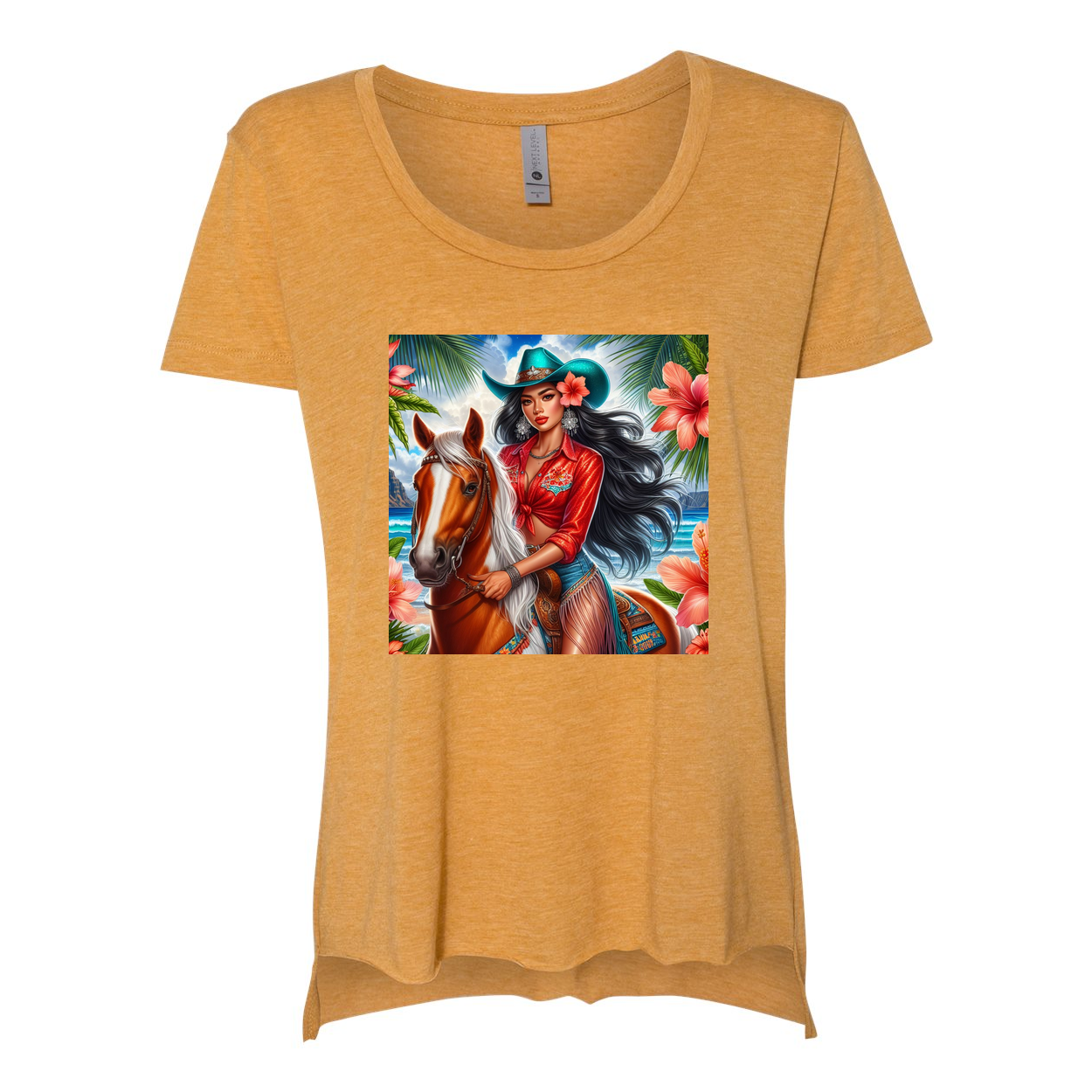 Hawaiian Cowgirl on Horse Scoop Neck T Shirt