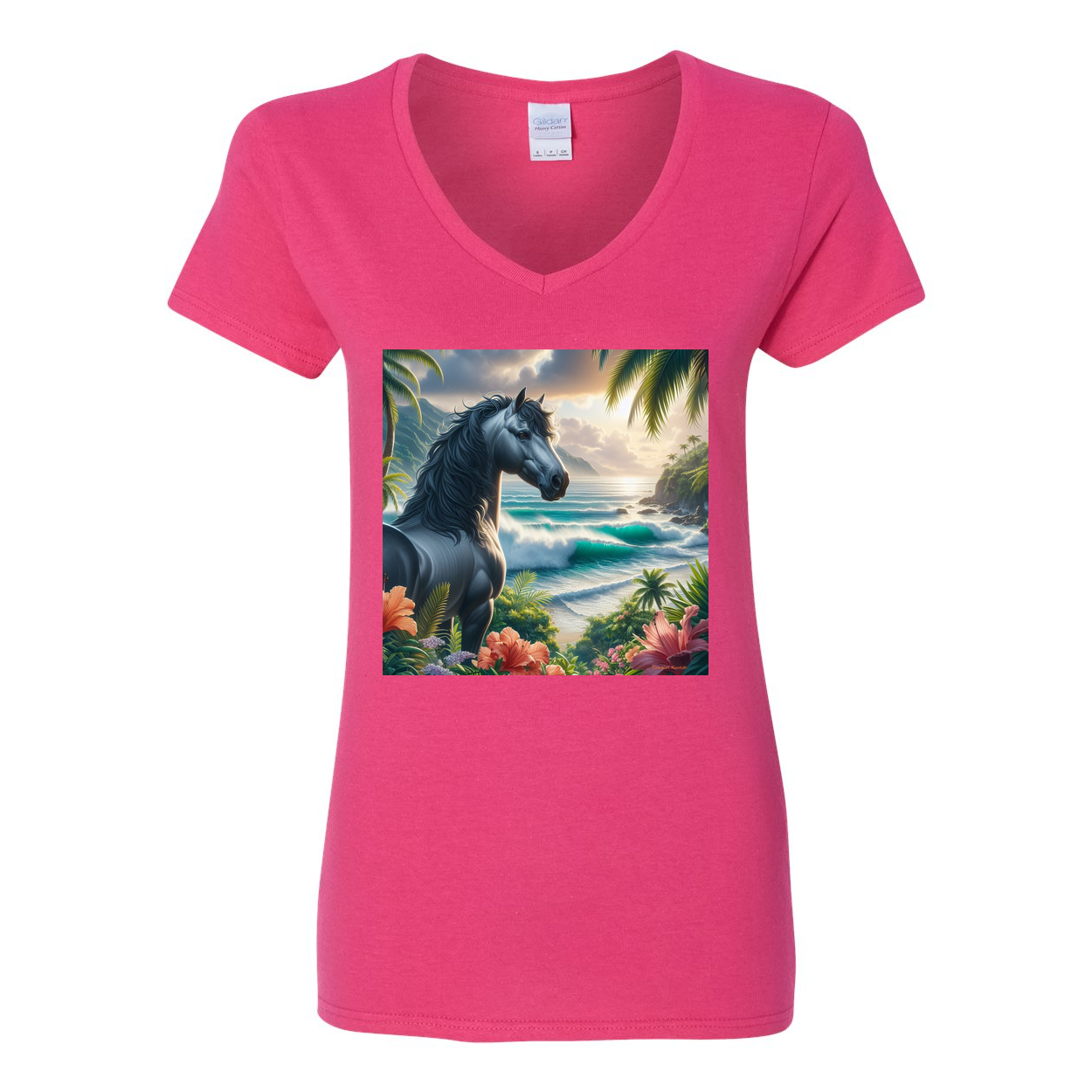 Tropical Grey Stallion Horse V Neck T Shirt