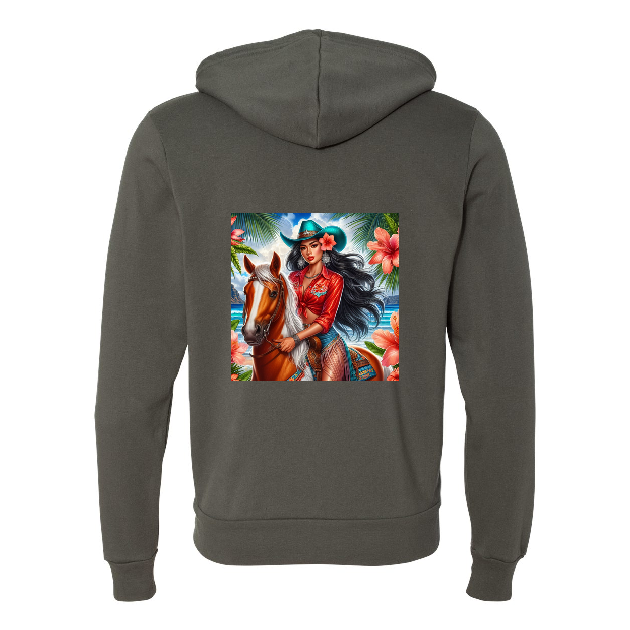 Hawaiian Cowgirl on Horse Zip-Up Front Pocket Hooded Sweatshirts