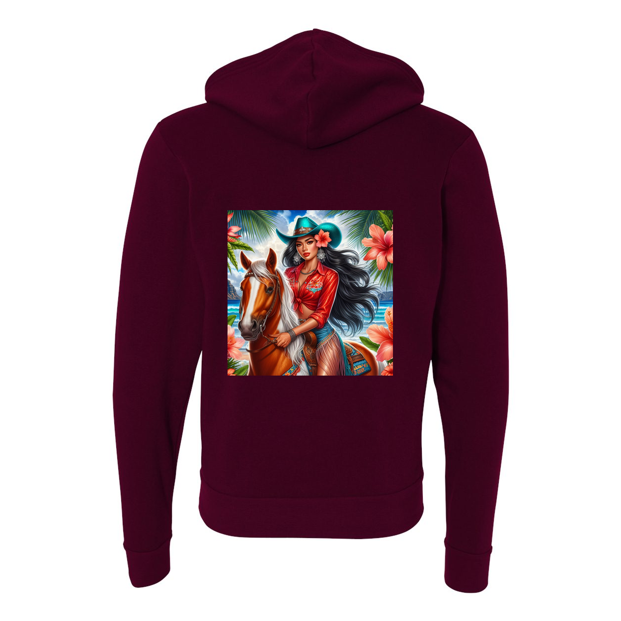 Hawaiian Cowgirl on Horse Zip-Up Front Pocket Hooded Sweatshirts