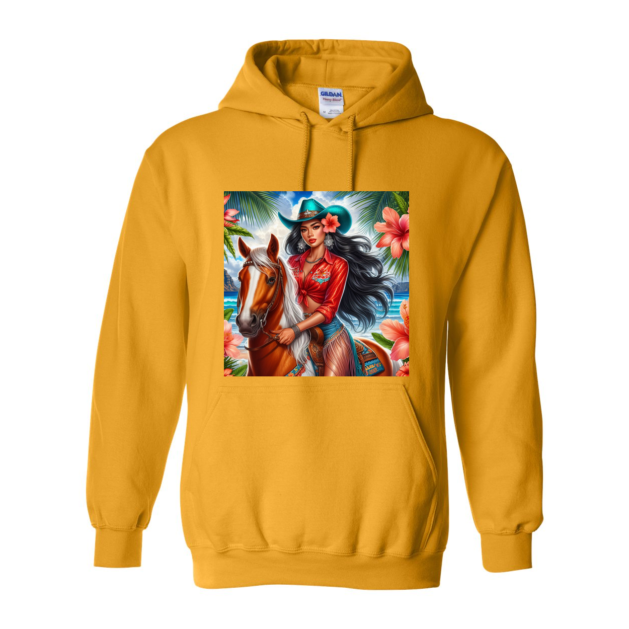 Hawaiian Girl on Horse Pull Over Front Pocket Hoodies