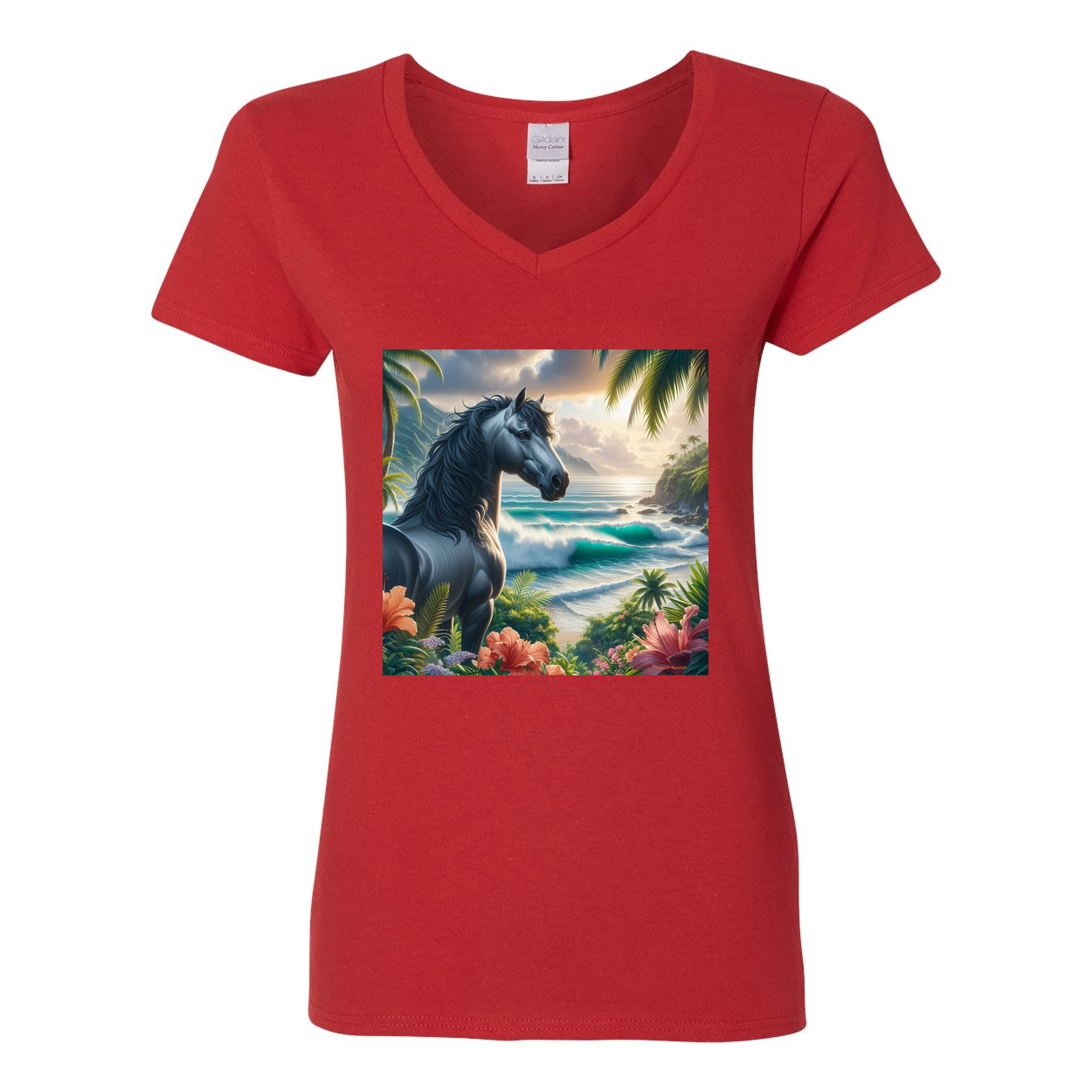 Tropical Grey Stallion Horse V Neck T Shirt