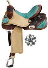 Load image into Gallery viewer, 10&quot; to 18&quot; Seat, FQ and SQ Bar Available Turquoise Croc Seat and Accents Barrel Trail Saddle
