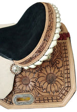 Load image into Gallery viewer, 10&quot; to 18&quot; Seat, FQ and SQ Bar Available, Sunflower Tooled Saddle and Matching Bridle Set
