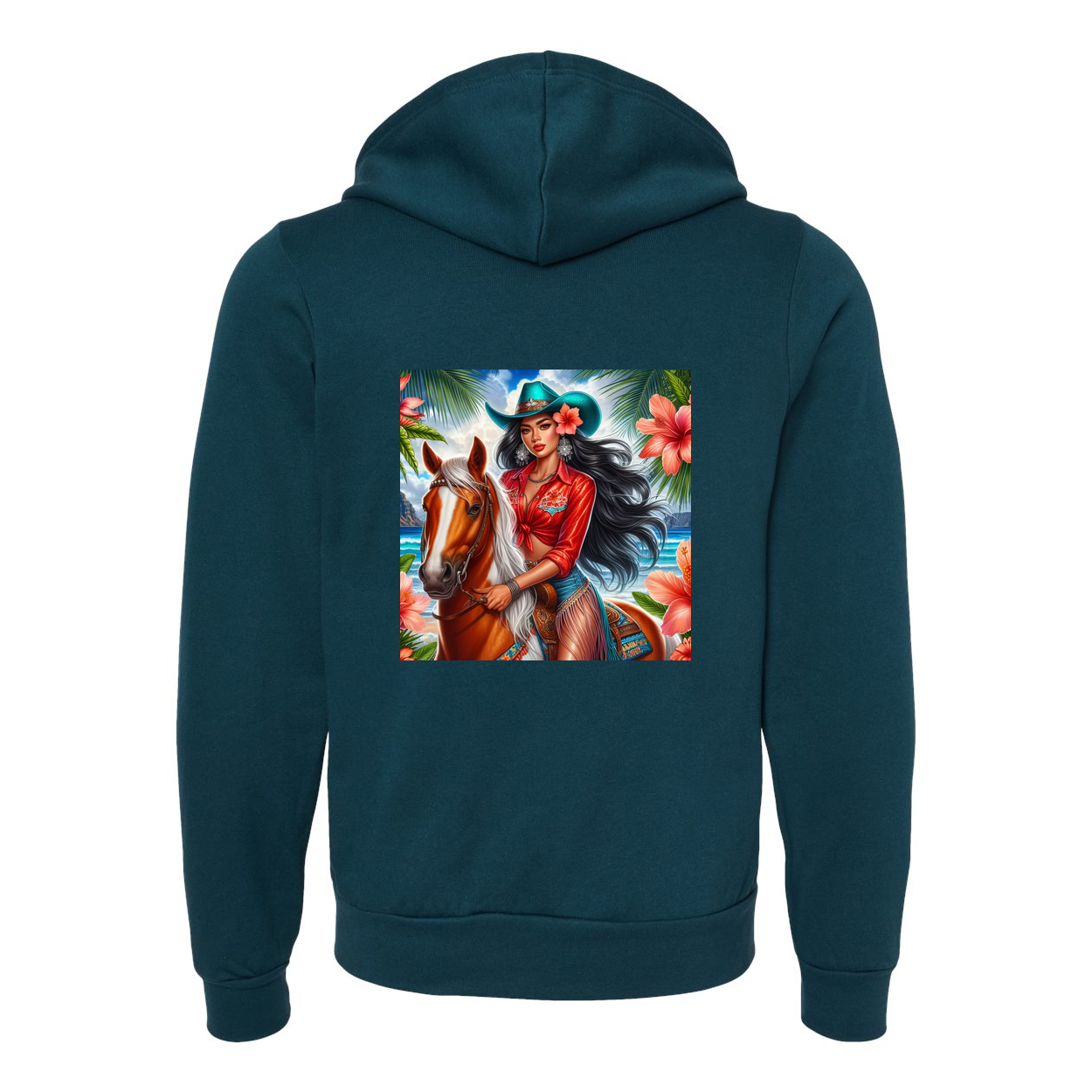 Hawaiian Cowgirl on Horse Zip-Up Front Pocket Hooded Sweatshirts