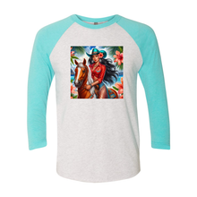 Load image into Gallery viewer, Hawaiian Cowgirl on Horse 3 4 Sleeve Raglan T Shirts
