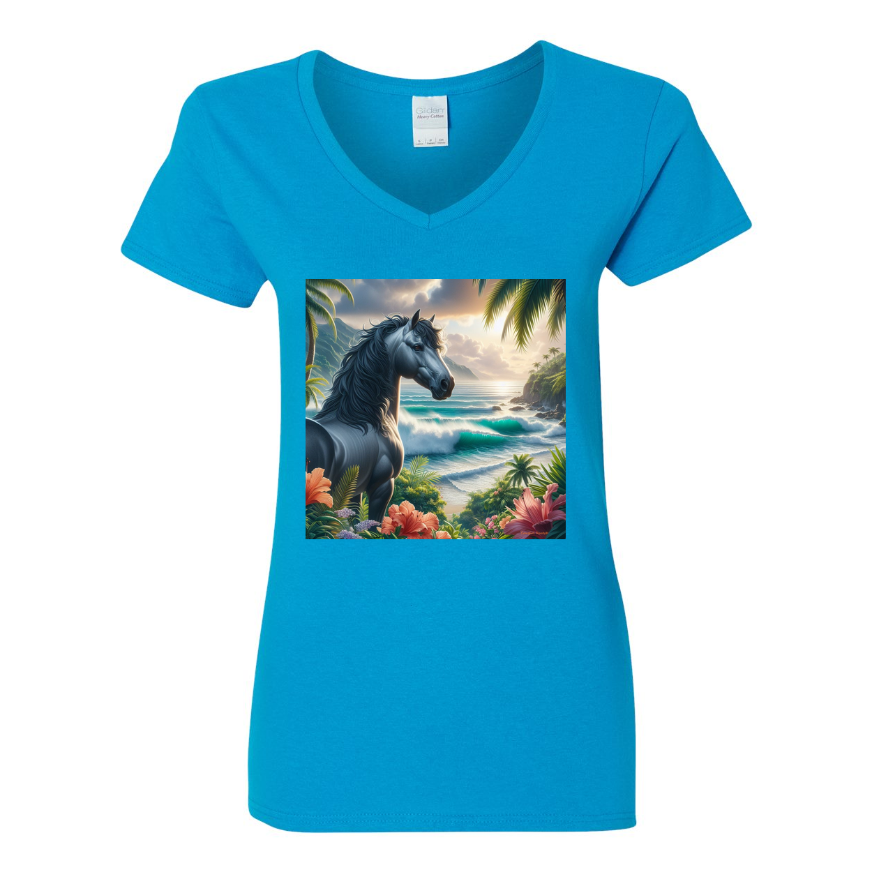 Tropical Grey Stallion Horse V Neck T Shirt