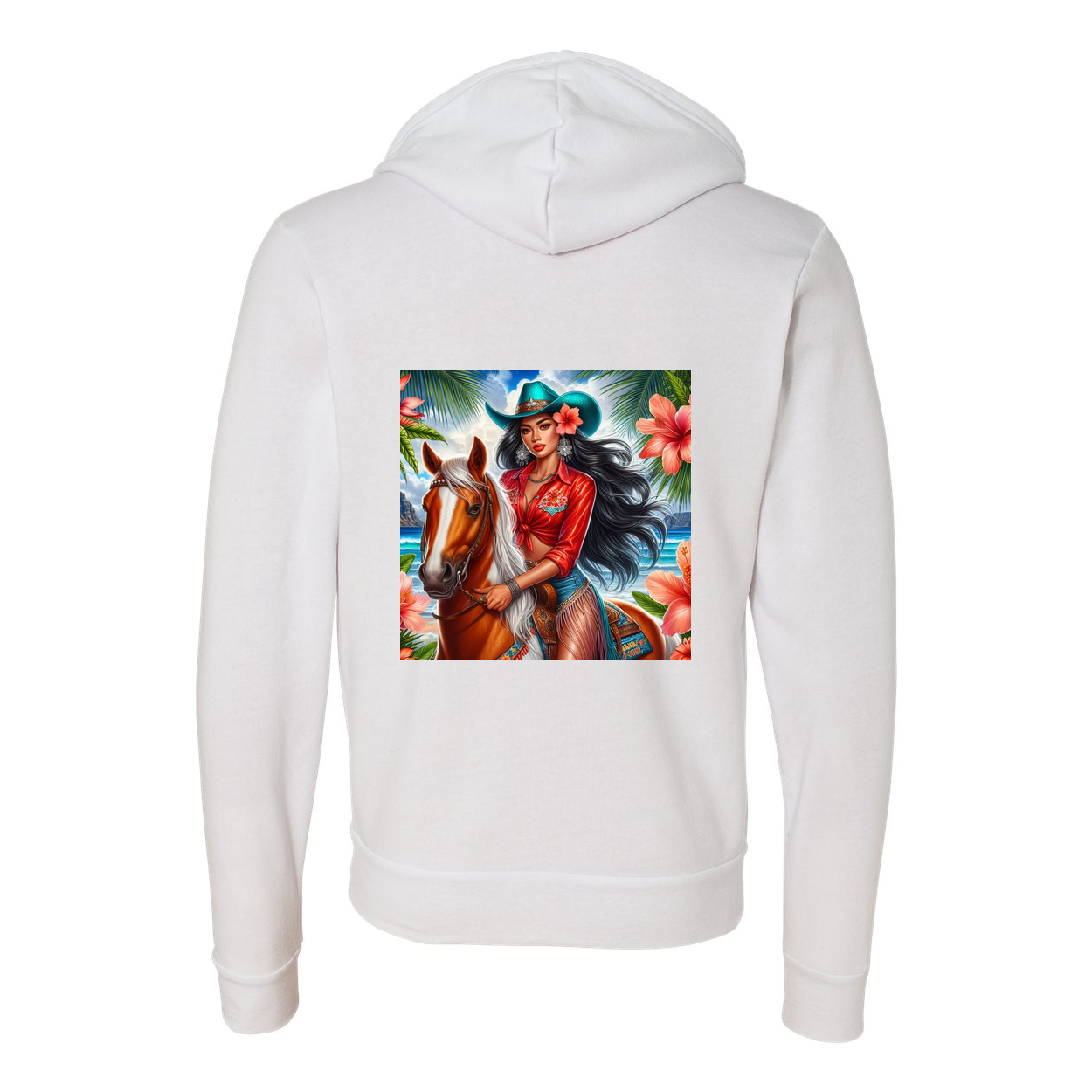 Hawaiian Cowgirl on Horse Zip-Up Front Pocket Hooded Sweatshirts