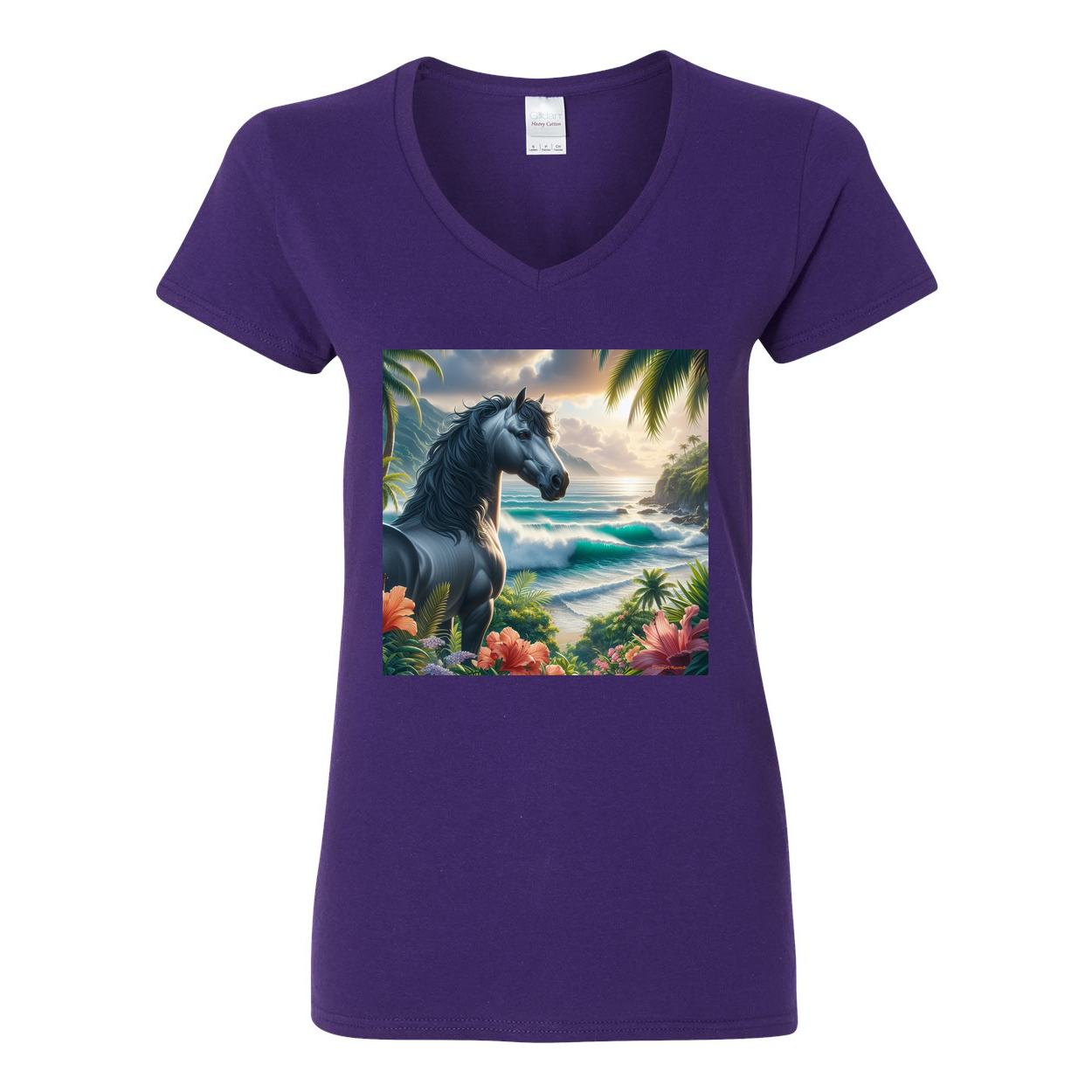 Tropical Grey Stallion Horse V Neck T Shirt