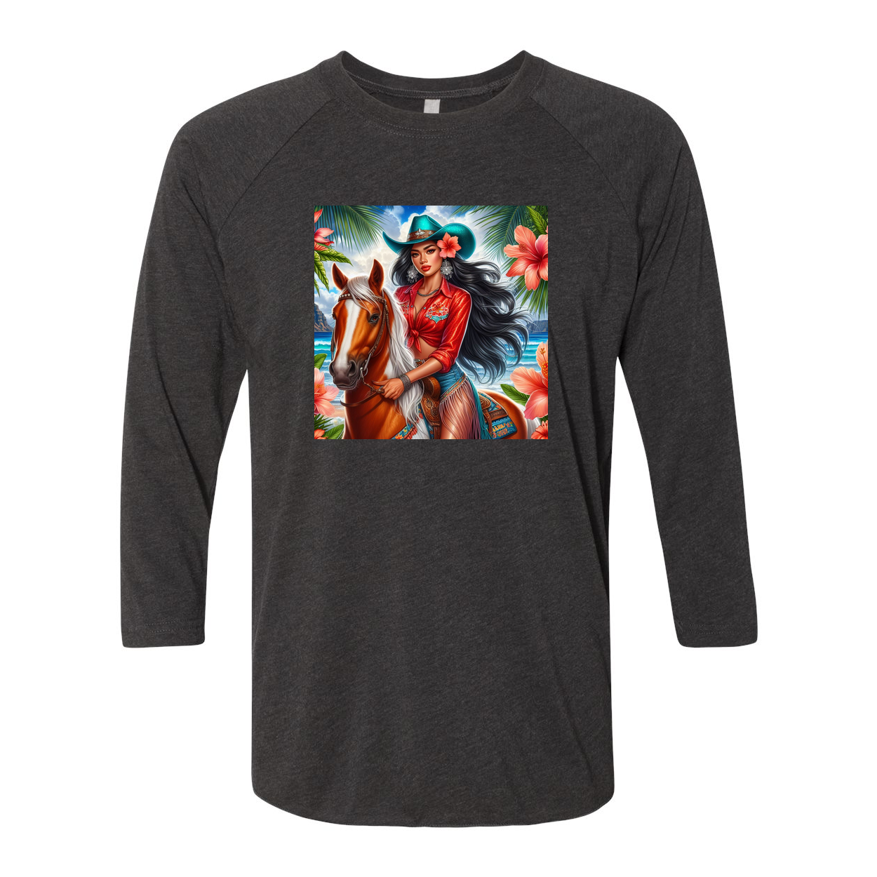 Hawaiian Cowgirl on Horse 3 4 Sleeve Raglan T Shirts